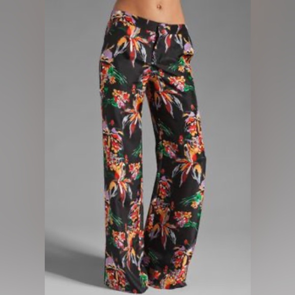 Derek Lam 10 CROSBY Floral Pants Womens Size 4 Black Wide-Leg High Rise Satin